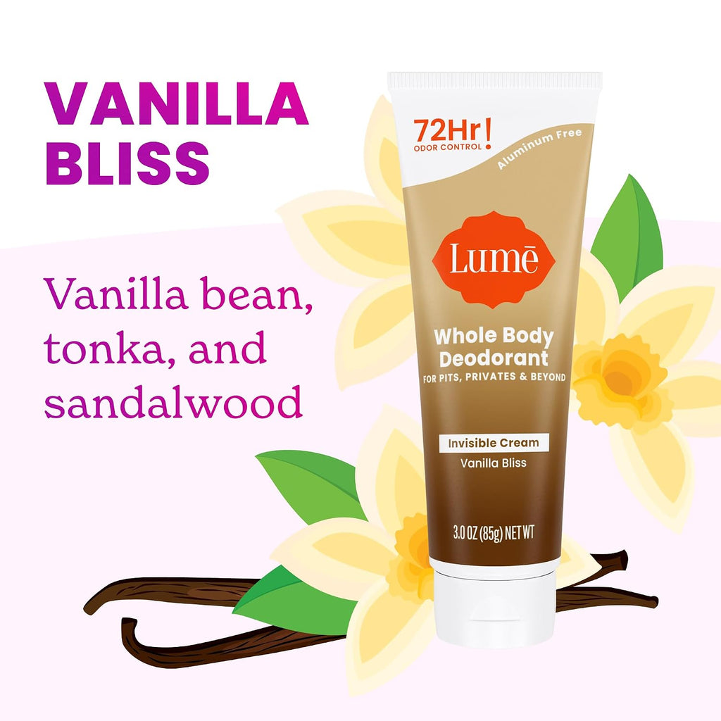 Lume Whole Body Deodorant - Invisible Cream Tube - 72 Hour Odor Control - Doctor Developed - Aluminum Free. Baking Soda Free and Skin Loving - 3.0 Ounce (Vanilla Bliss)